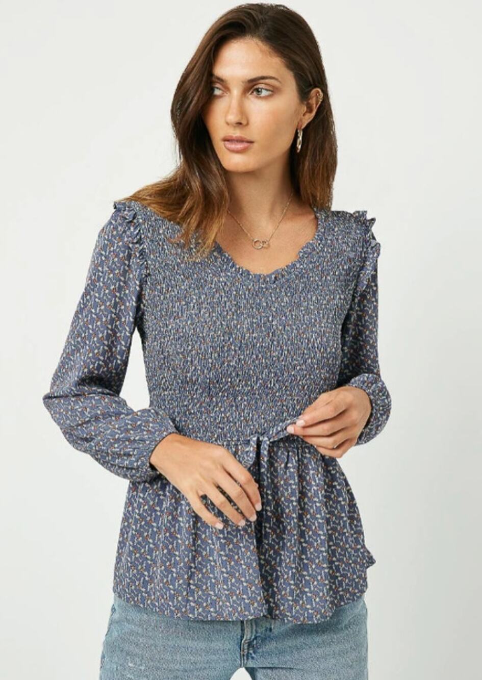 HAYDEN Laura Blue Floral Smocked Ruffle Blouse Large